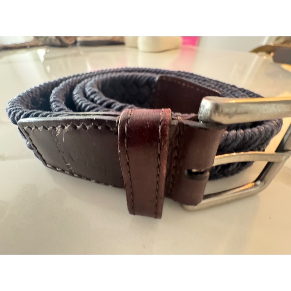 Cole Haan Mens Braided Cord Belt Navy Blue Brown Leather‎ Trim Size 40